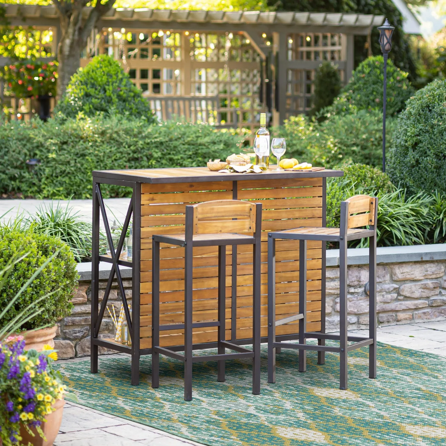 Outdoor Seating Sets | Outdoor Dining Sets>Plow & Hearth Aacia Bar Table with Iron Frame