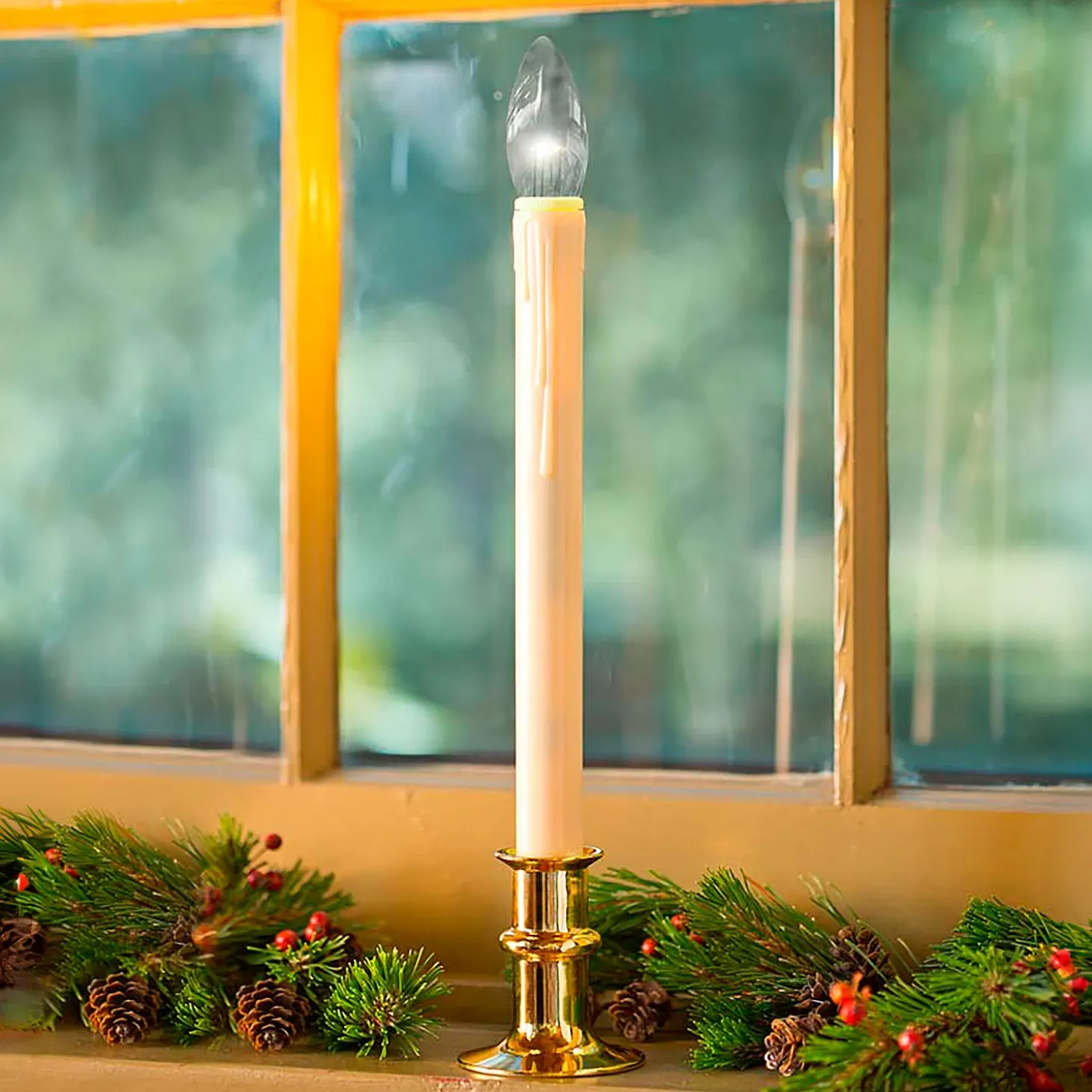 Candles & Lanterns | Lighted Accents>Plow & Hearth Adjustable Window Candle with Timer, Set of 2 Brass