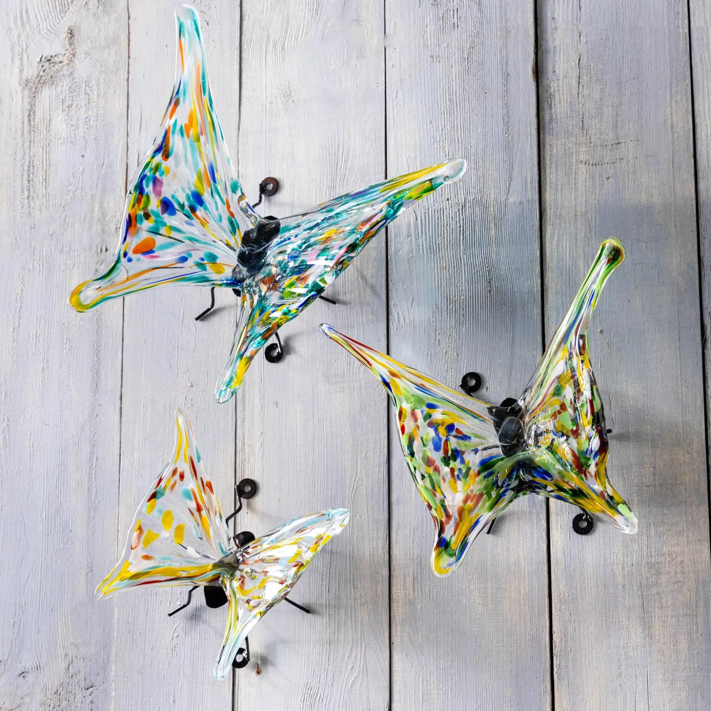 Outdoor Wall Art | Wall Art>Plow & Hearth Art Glass Butterflies with Iron Feet, Set of 3