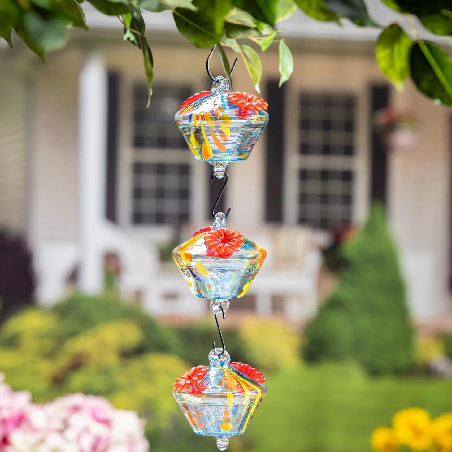 Hummingbird Feeders>Plow & Hearth Art Glass Hanging Chained Hummingbird Feeder, Blue & Yellow