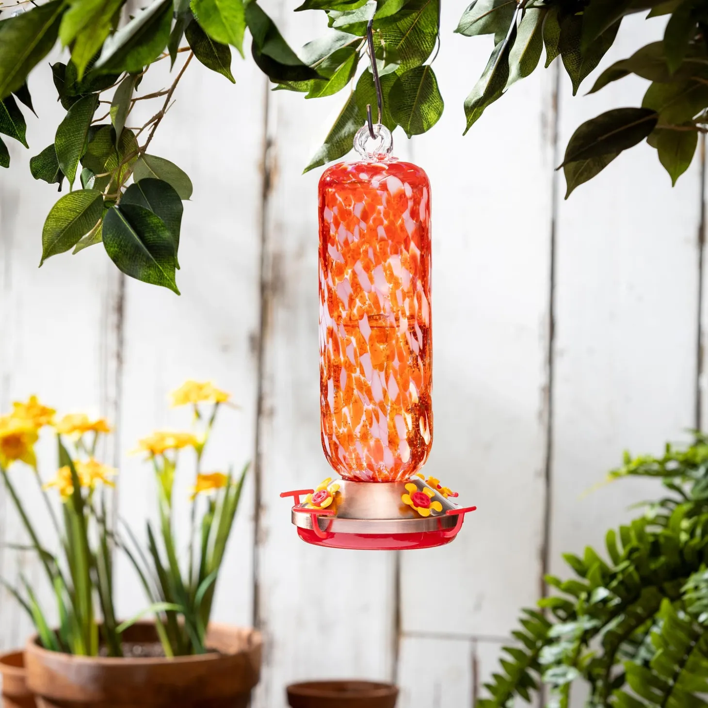 Hummingbird Feeders>Plow & Hearth Art Glass Hanging Hummingbird Feeder, Red & White