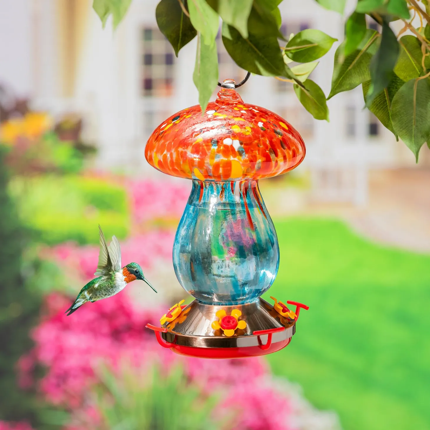 Hummingbird Feeders>Plow & Hearth Art Glass Hanging Mushroom, Red & Blue