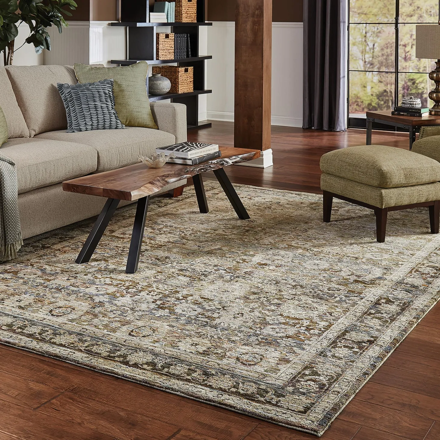 Area Rugs>Plow & Hearth Ashland Evening Synthetic Blend Indoor Border Rug, 3'3" x 5'2" Green