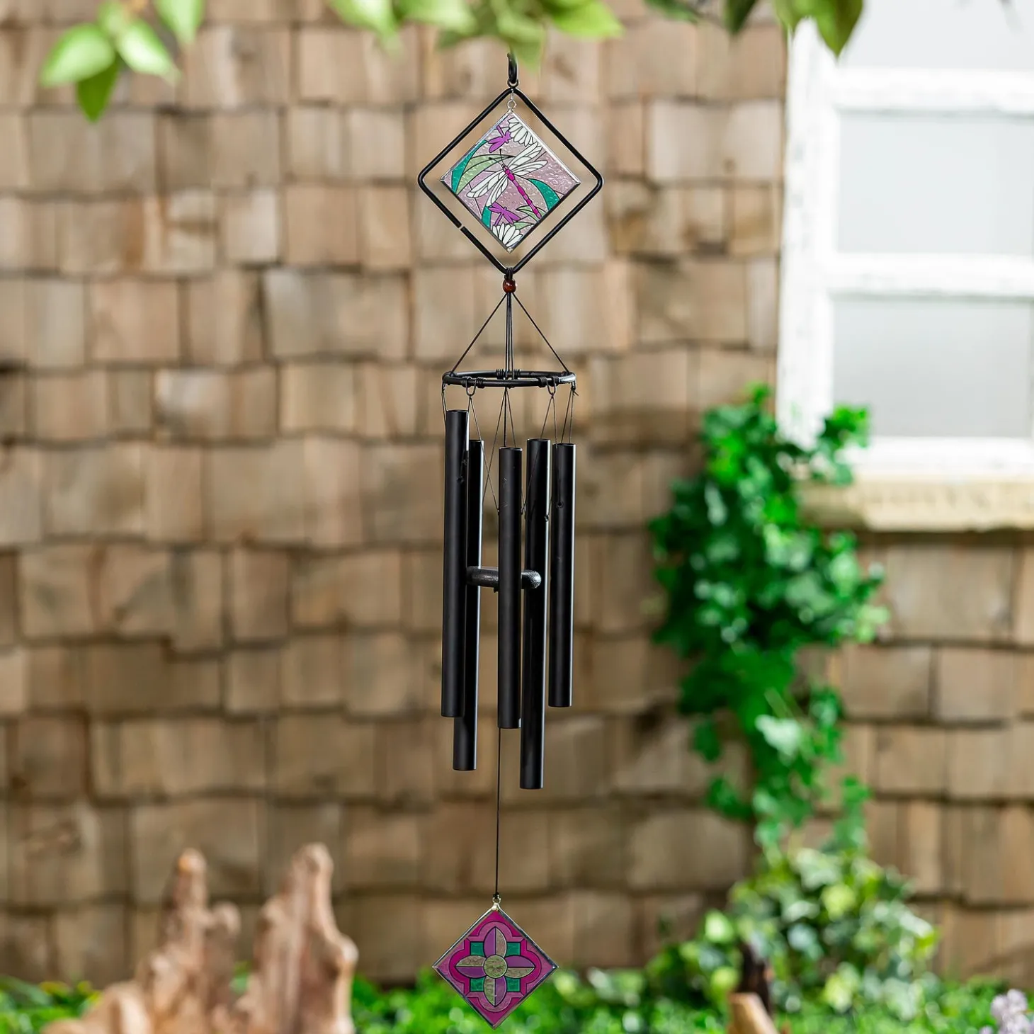 Wind Chimes & Mobiles>Plow & Hearth Avria Stained Glass Chime, Dragonfly, 36"