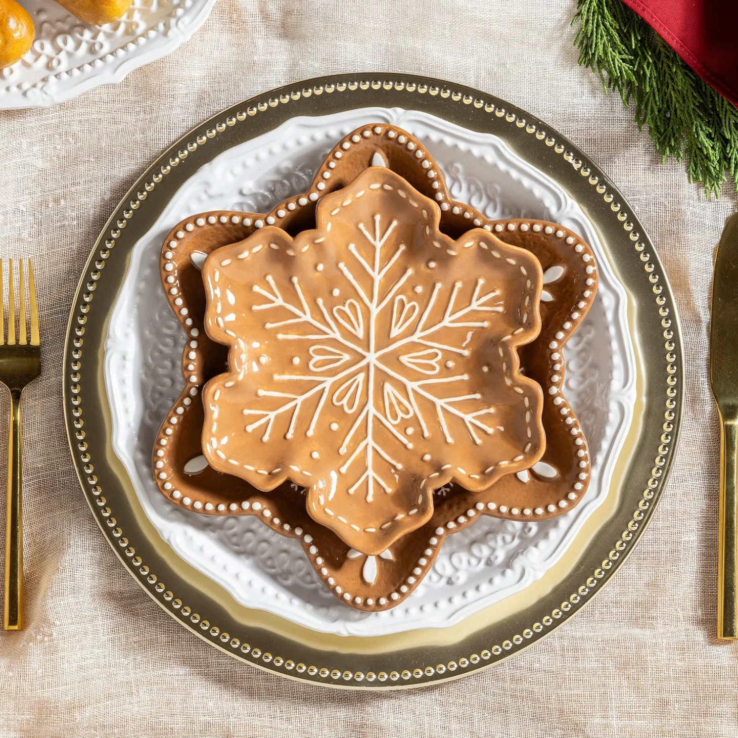 Plates & Platters>Plow & Hearth Baking Spirits Bright Plate Gingerbread Snowflake Shaped Embossed Ceramic Appetizer Plate, 8"