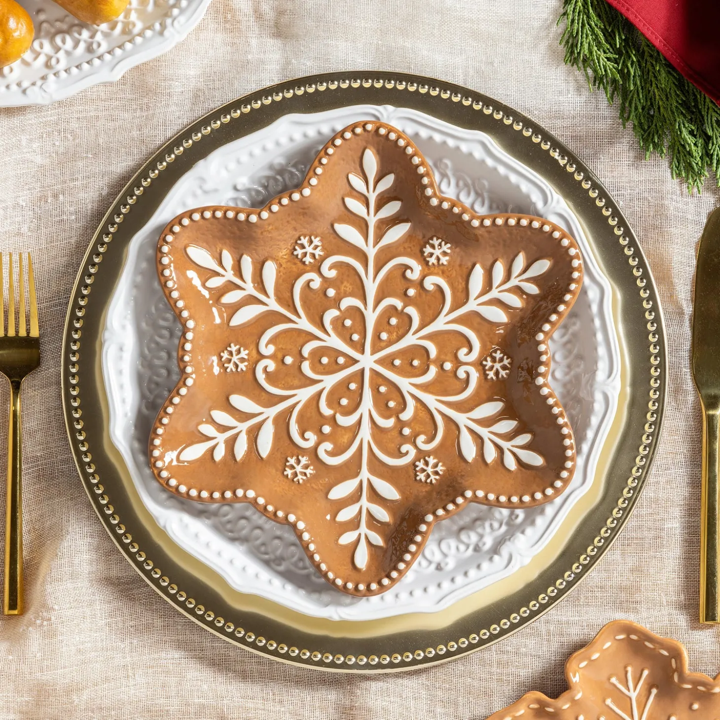 Plates & Platters>Plow & Hearth Baking Spirits Bright Plate Gingerbread Snowflake Shaped Embossed Ceramic Salad Plate, 9"