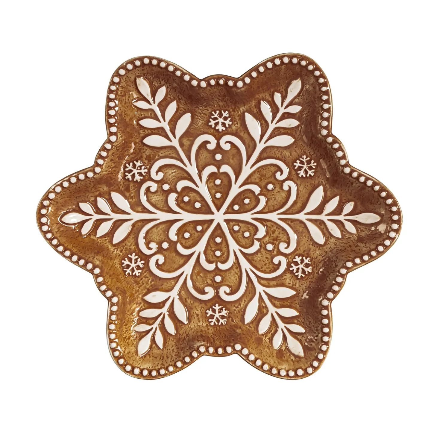 Plates & Platters>Plow & Hearth Baking Spirits Bright Plate Gingerbread Snowflake Shaped Embossed Ceramic Salad Plate, 9"