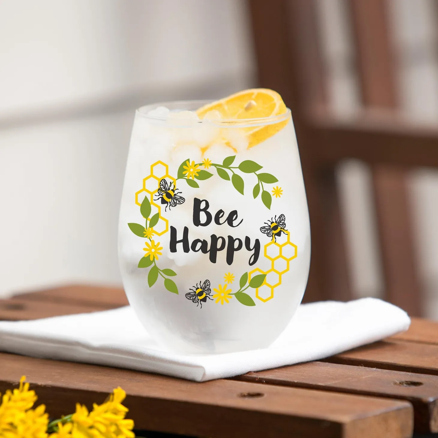 Wine Glasses>Plow & Hearth Bee Happy Stemless Glass, 17oz, Gift Box