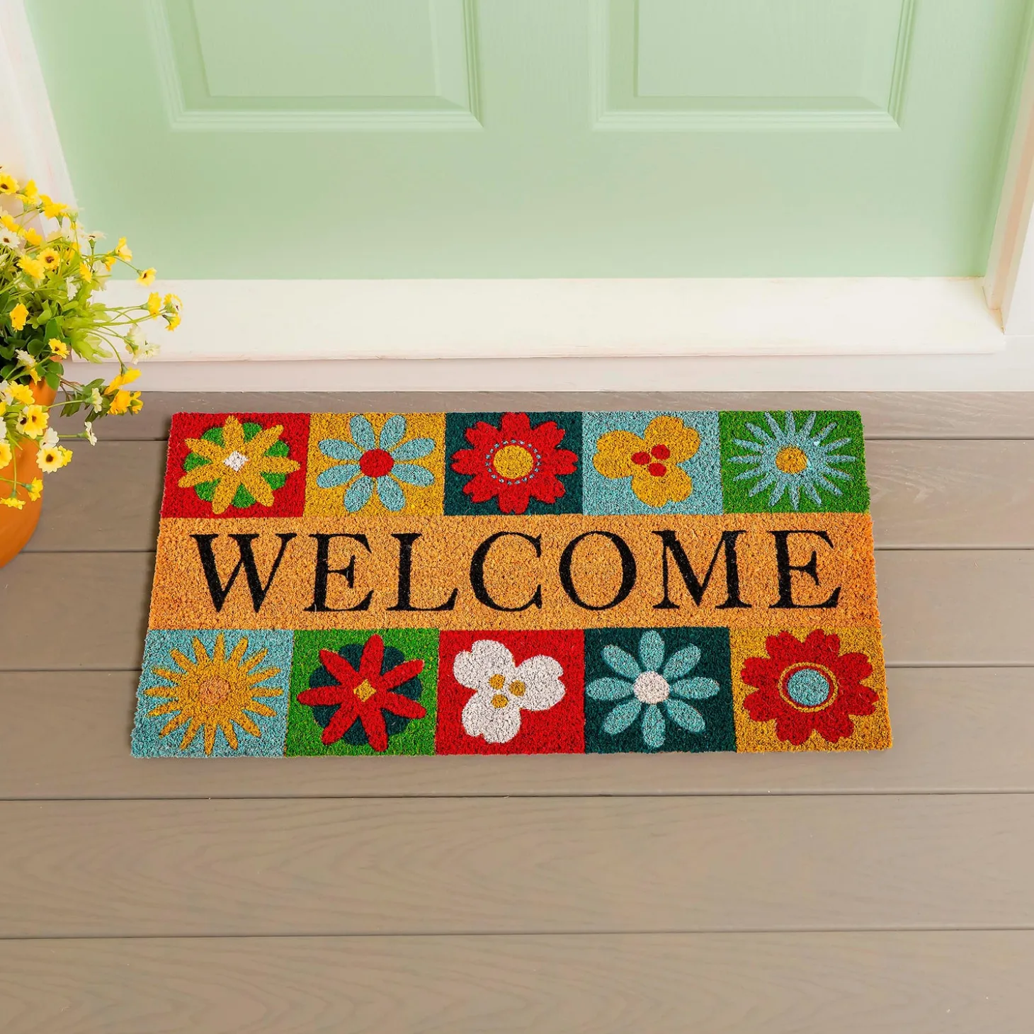 Coir Mats>Plow & Hearth Big Bold Florals Welcome Tiles Coir Mat