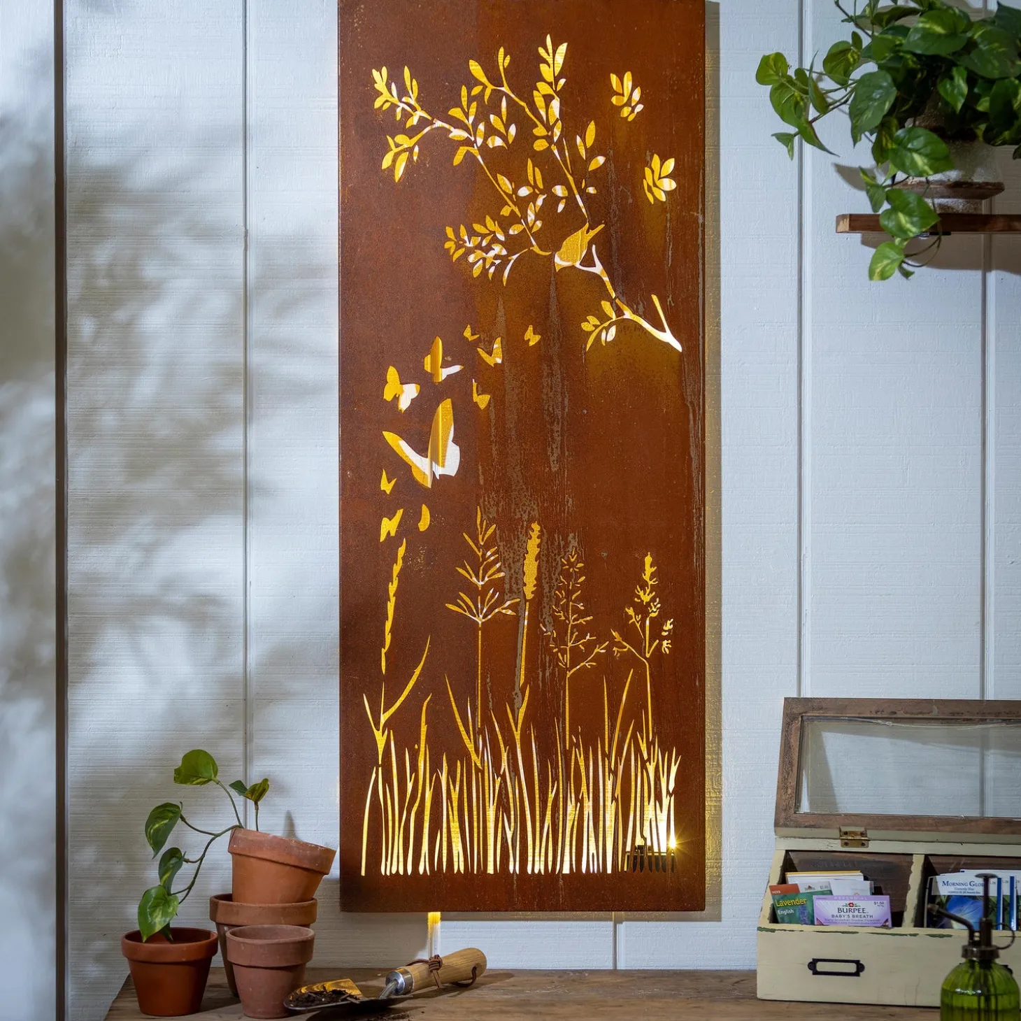 Outdoor Wall Art | Wall Art>Plow & Hearth Bird and Butterfly LED Laser Cut Metal Wall Décor, 15" L x 40" H