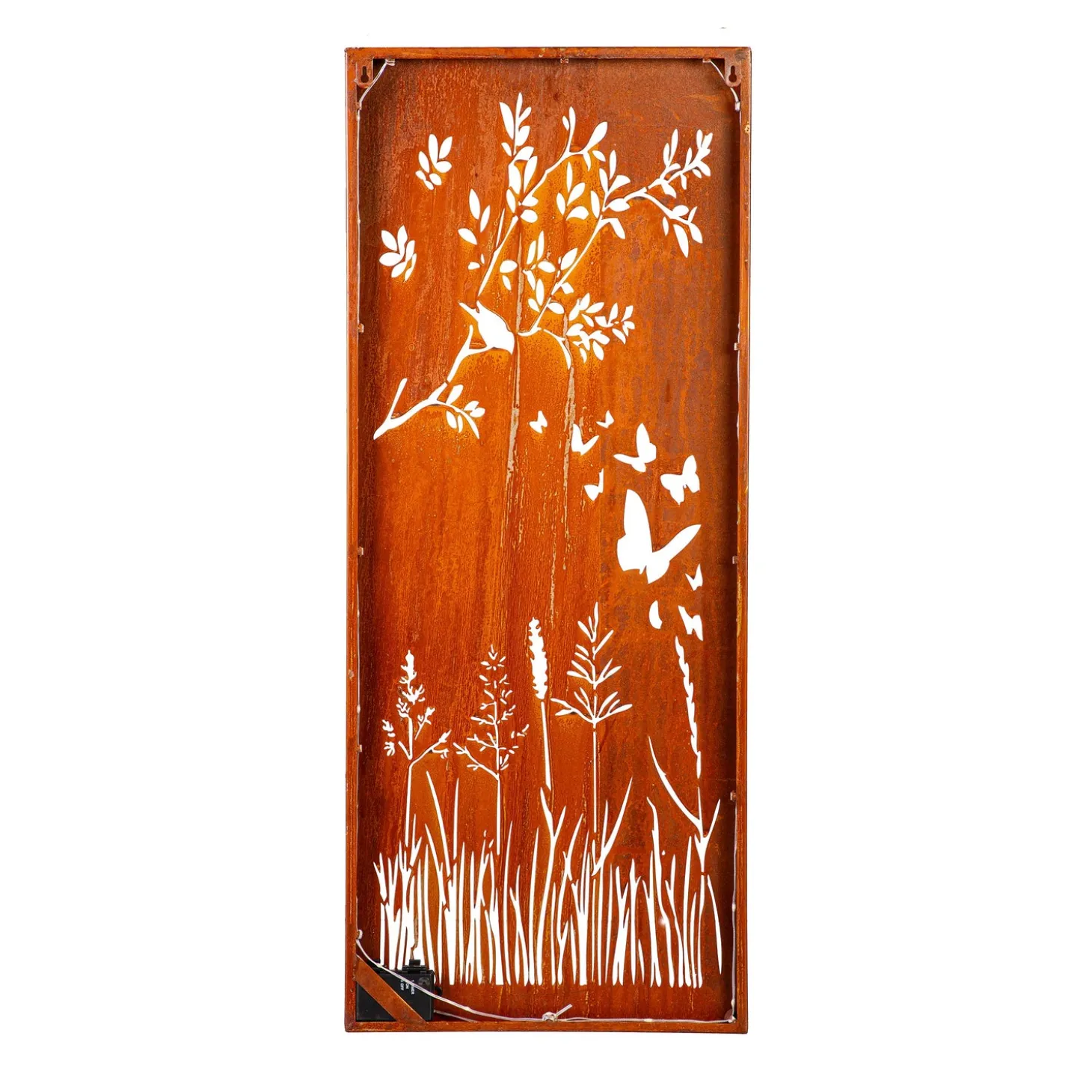 Outdoor Wall Art | Wall Art>Plow & Hearth Bird and Butterfly LED Laser Cut Metal Wall Décor, 15" L x 40" H