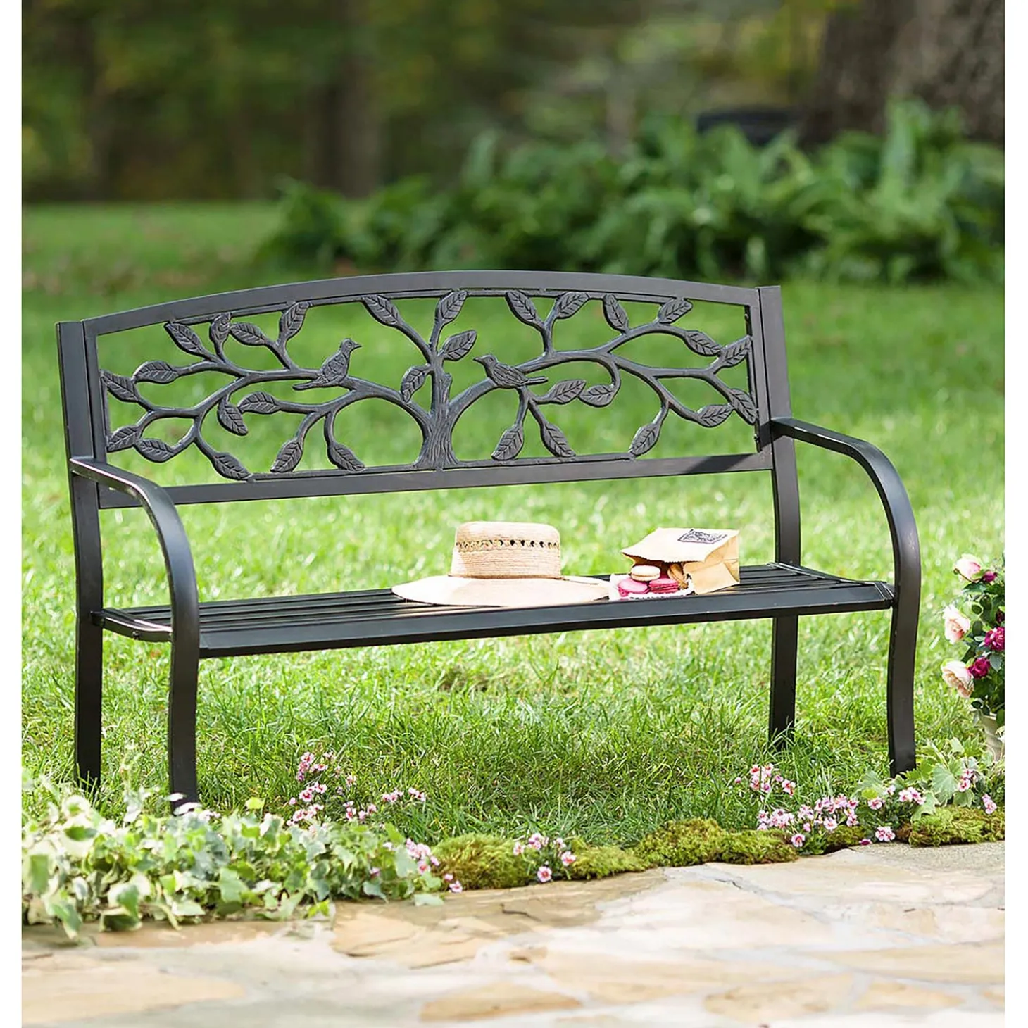 Outdoor Benches>Plow & Hearth Black Tree of Life Metal Garden Bench