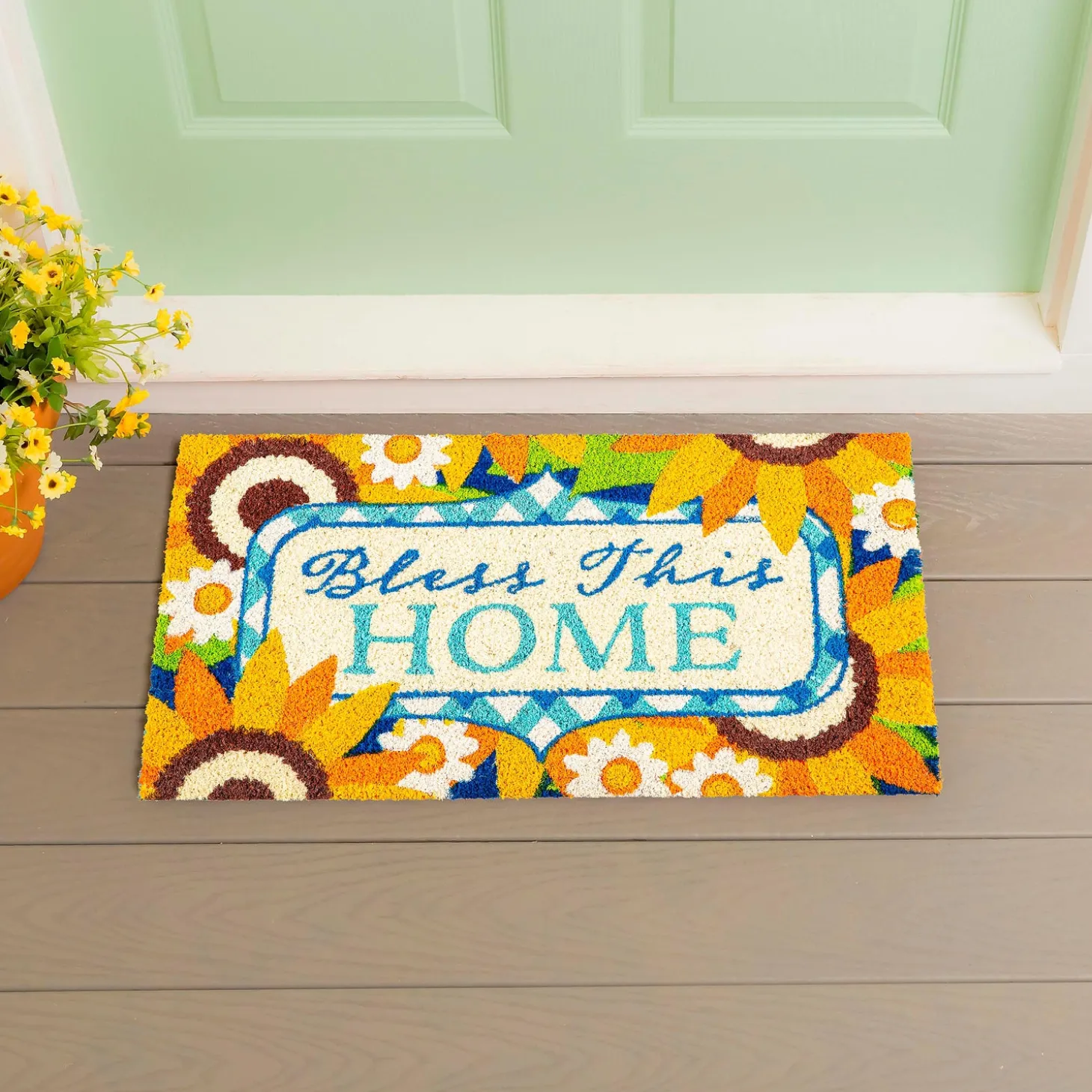 Coir Mats>Plow & Hearth Bless this Home Sunflowers Coir Mat