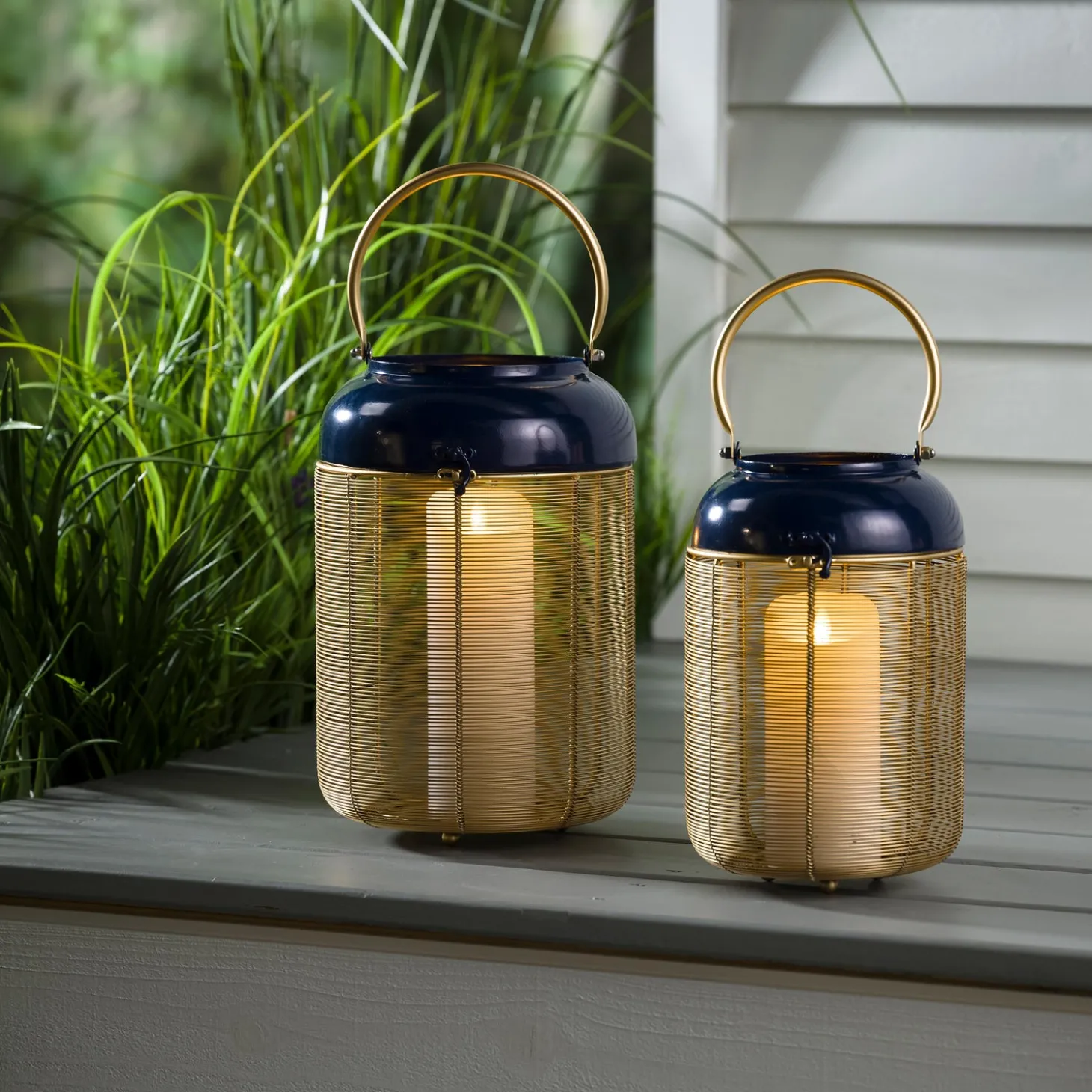 Candles & Lanterns>Plow & Hearth Blue and Gold Metal Lanterns, Set of 2