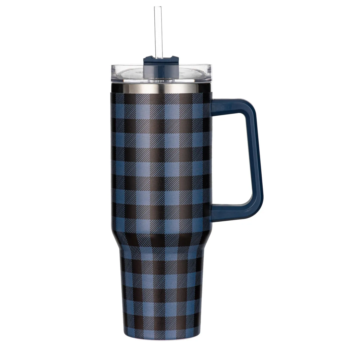 Travel Cups>Plow & Hearth Blue Buffalo Check Canyon Cup, Double Wall Stainless Steel w/ Straw, 40oz, Gift Box