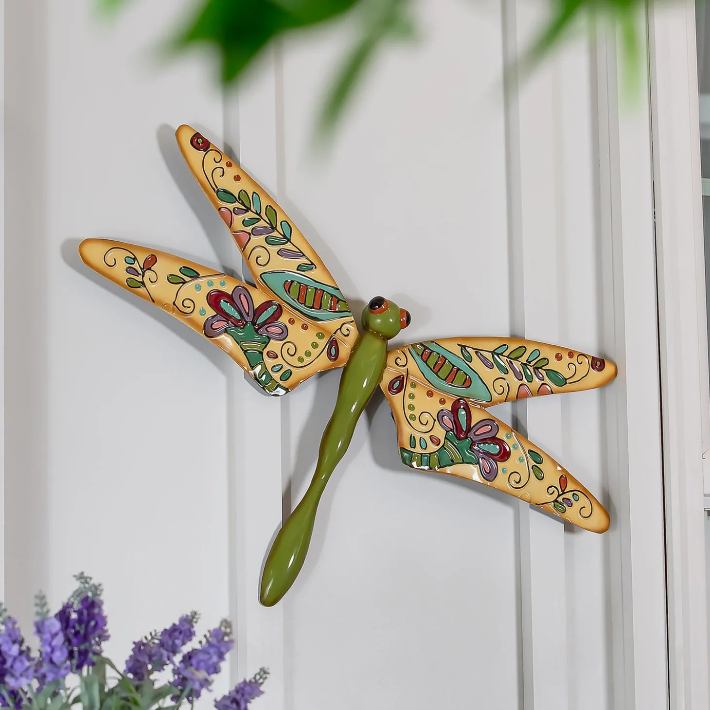 Outdoor Wall Art | Wall Art>Plow & Hearth Boho Dragonfly in Cream and Green Multi