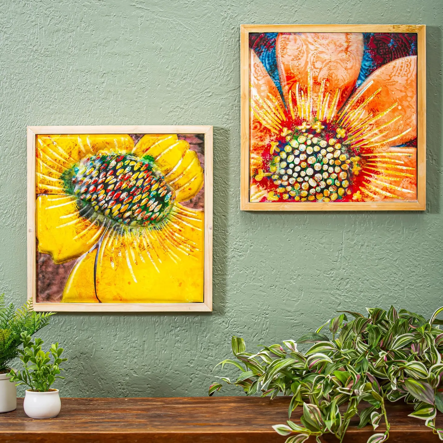 Wall Art>Plow & Hearth Bright Flowers Square Wall Décor, Set of 2, 12"