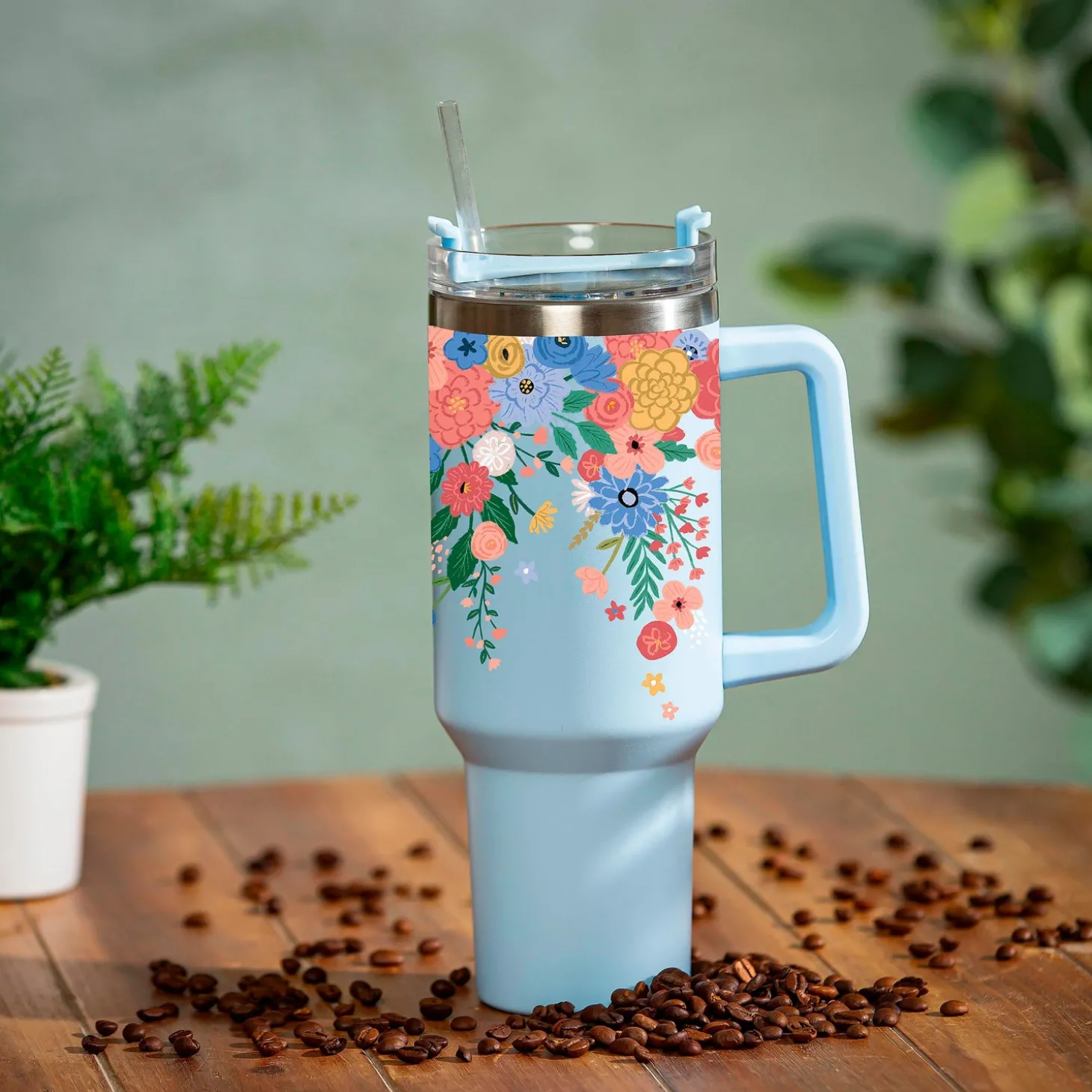 Travel Cups>Plow & Hearth Bursting Blossoms Canyon Cup, Double Wall Stainless Steel w/ Straw, 40oz, Gift Box