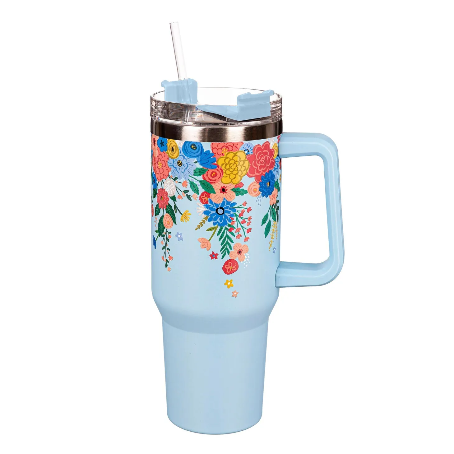 Travel Cups>Plow & Hearth Bursting Blossoms Canyon Cup, Double Wall Stainless Steel w/ Straw, 40oz, Gift Box