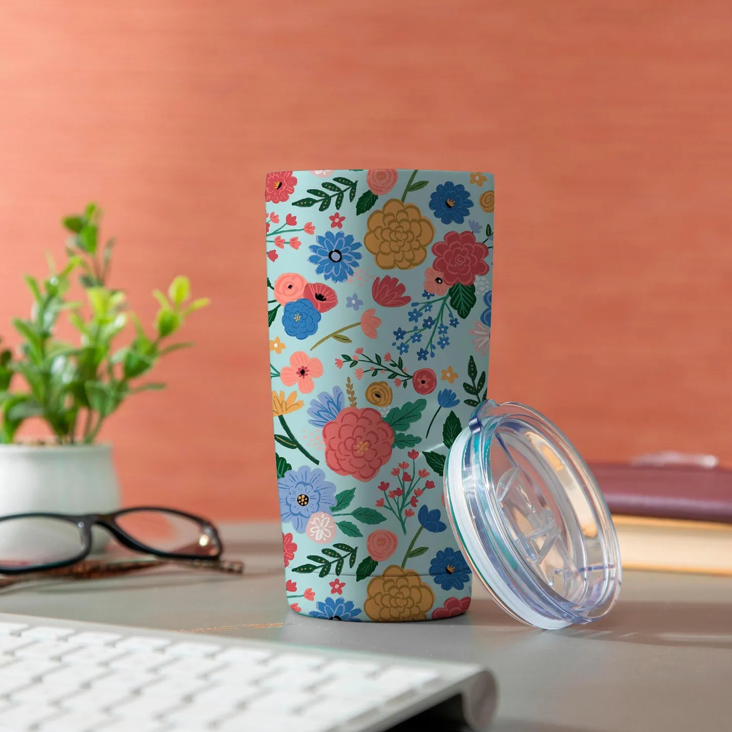 Travel Cups>Plow & Hearth Bursting Blossoms Floral Double Wall Stainless Steel Tumbler, 20oz, Gift Box