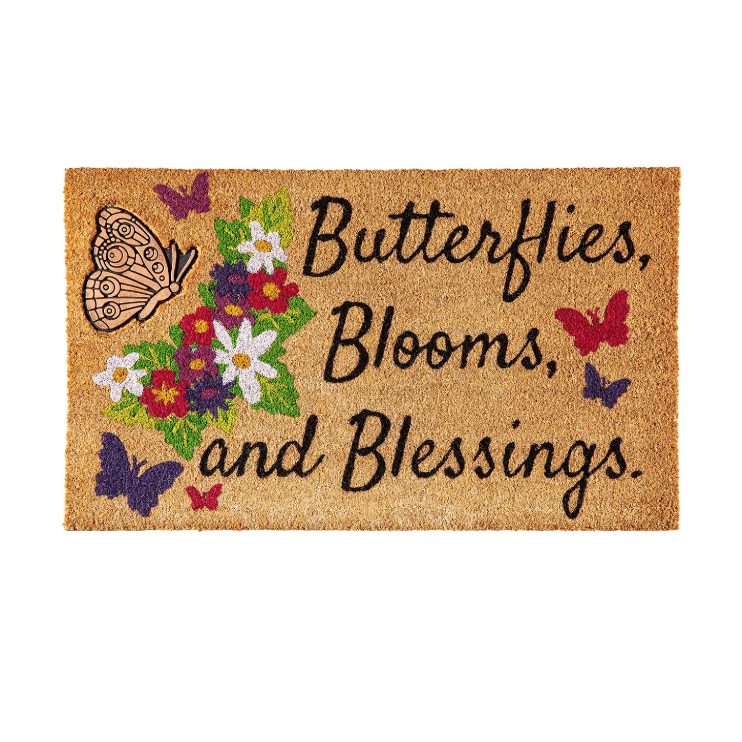 Coir Mats>Plow & Hearth Butterflies, Blooms, and Blessings Coir Mat with Rubber Embossed Butterfly