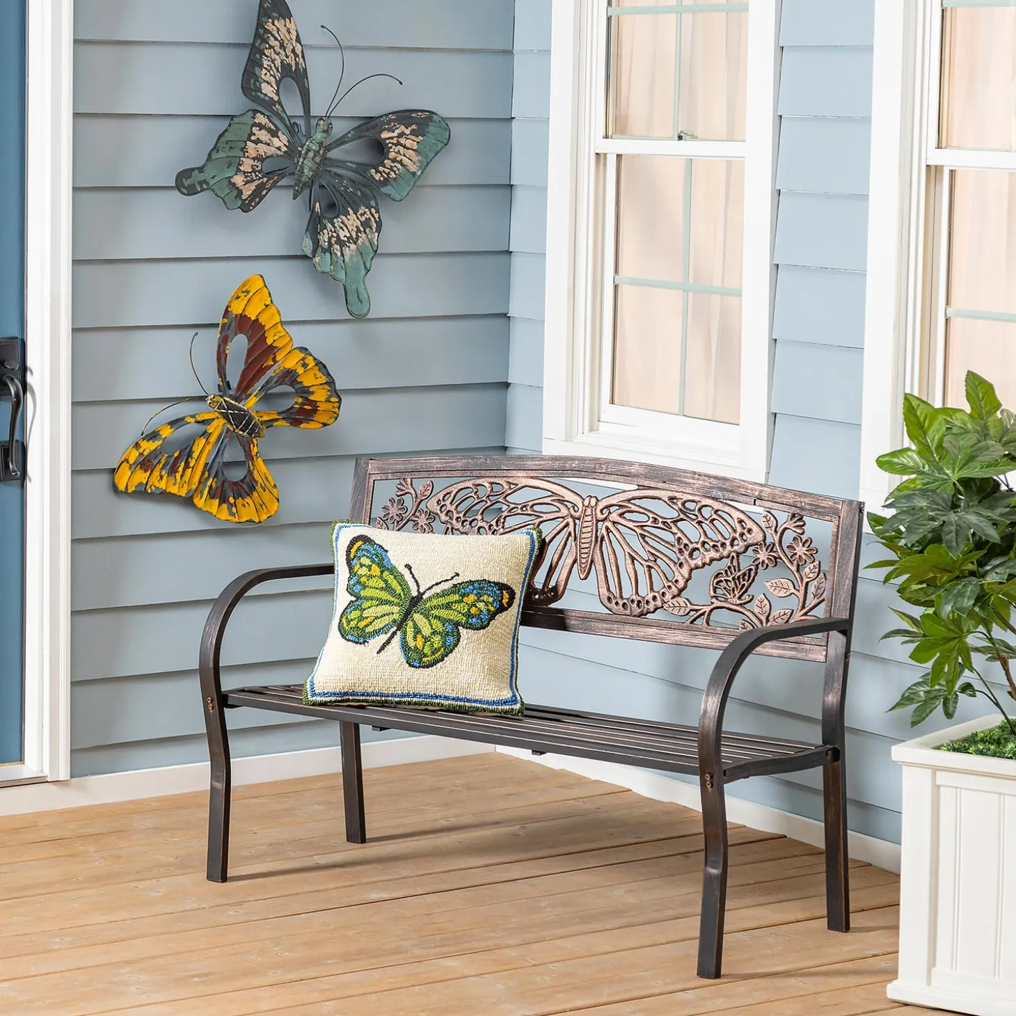 Outdoor Benches>Plow & Hearth Butterfly Metal Garden Bench