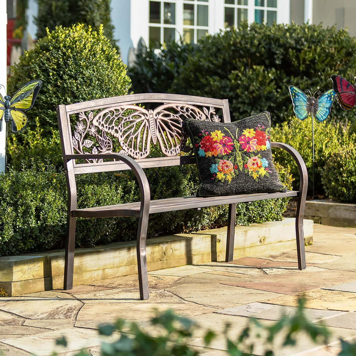 Outdoor Benches>Plow & Hearth Butterfly Metal Garden Bench