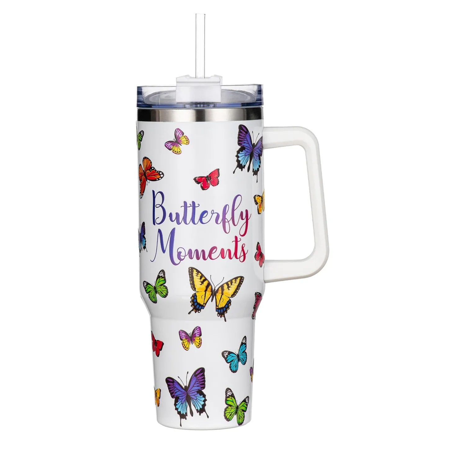 Travel Cups>Plow & Hearth Butterfly Moments Canyon Cup, Double Wall Stainless Steel w/ Straw, 40oz, Gift Box