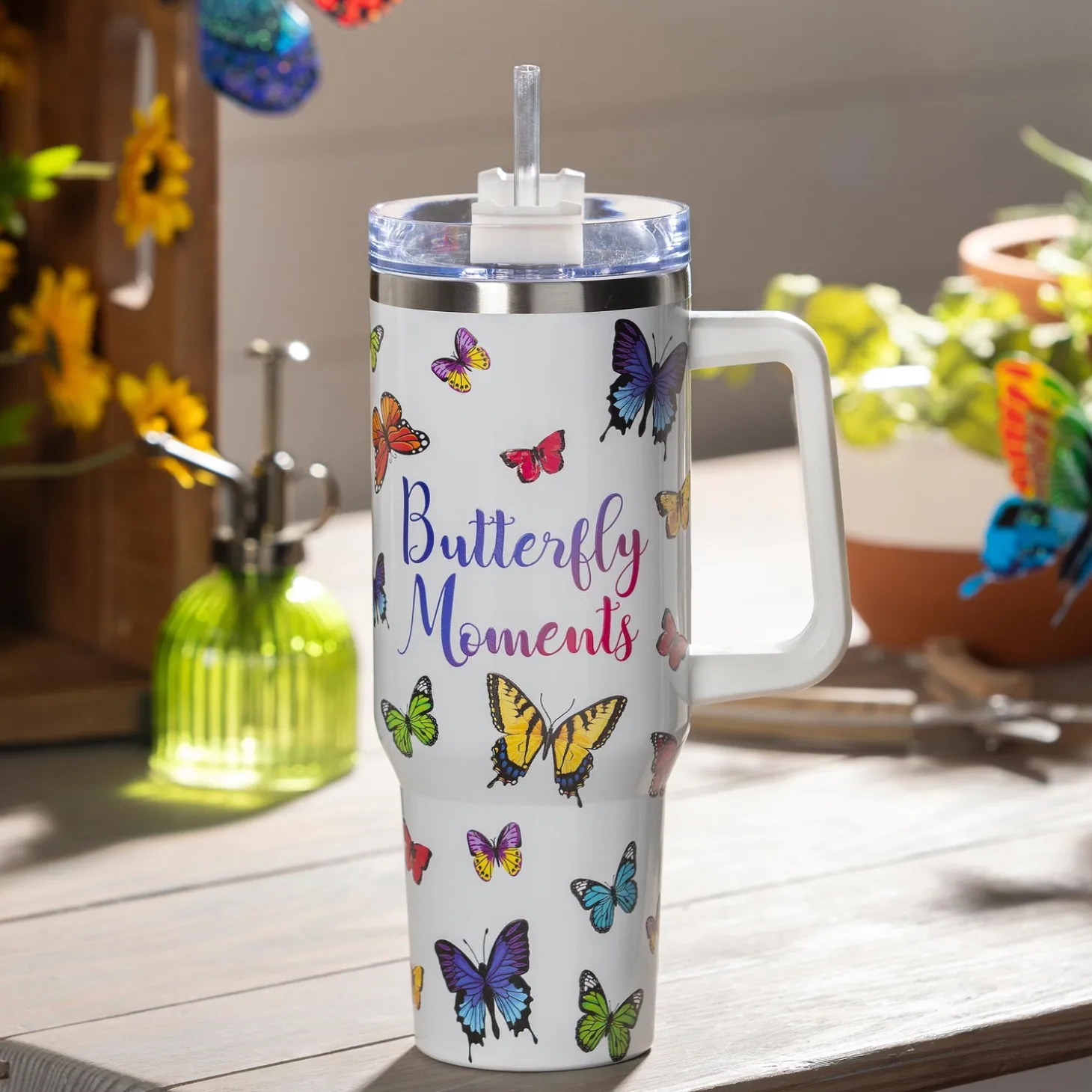 Travel Cups>Plow & Hearth Butterfly Moments Canyon Cup, Double Wall Stainless Steel w/ Straw, 40oz, Gift Box