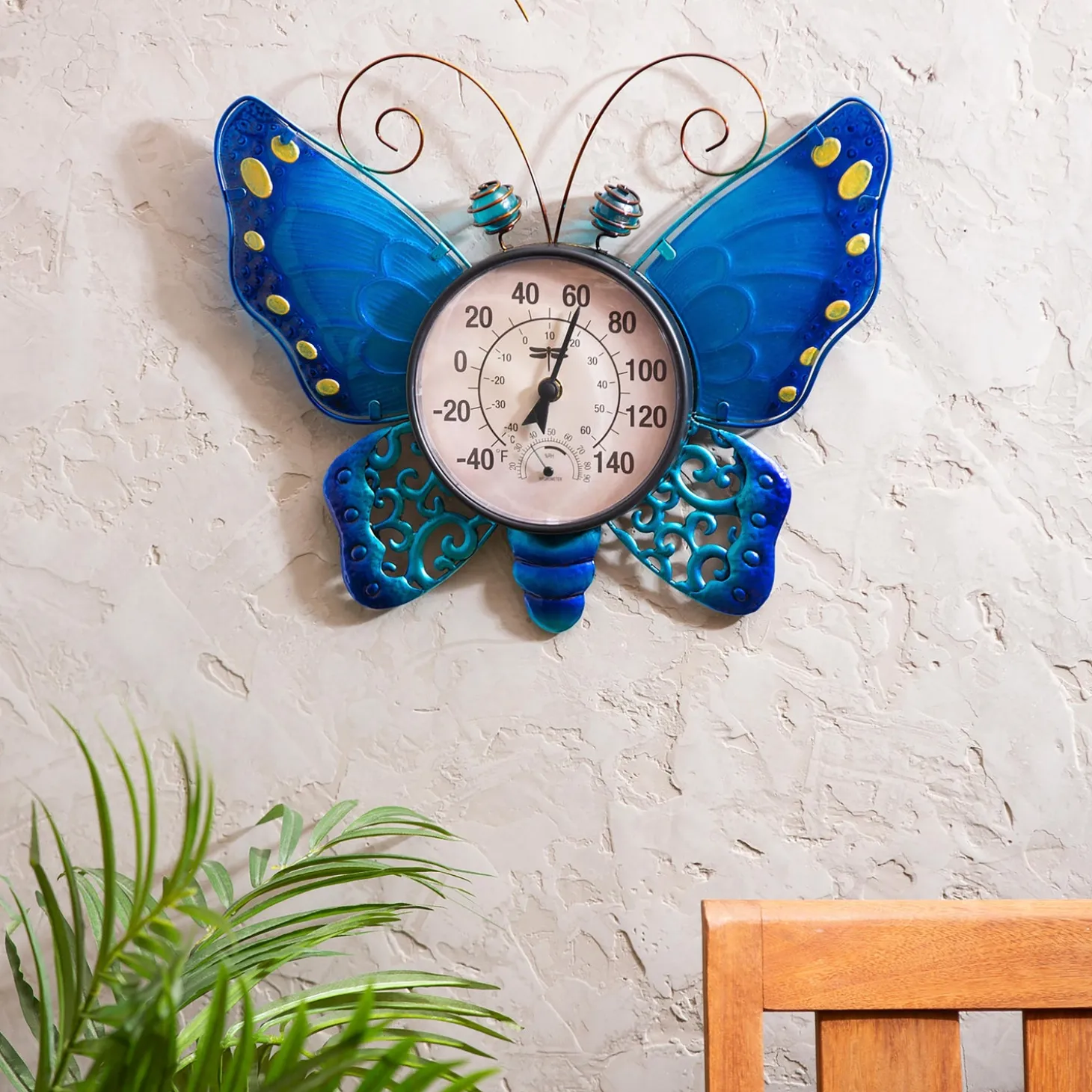 Outdoor Wall Art>Plow & Hearth Butterfly Outdoor Wall Thermometer, Blue