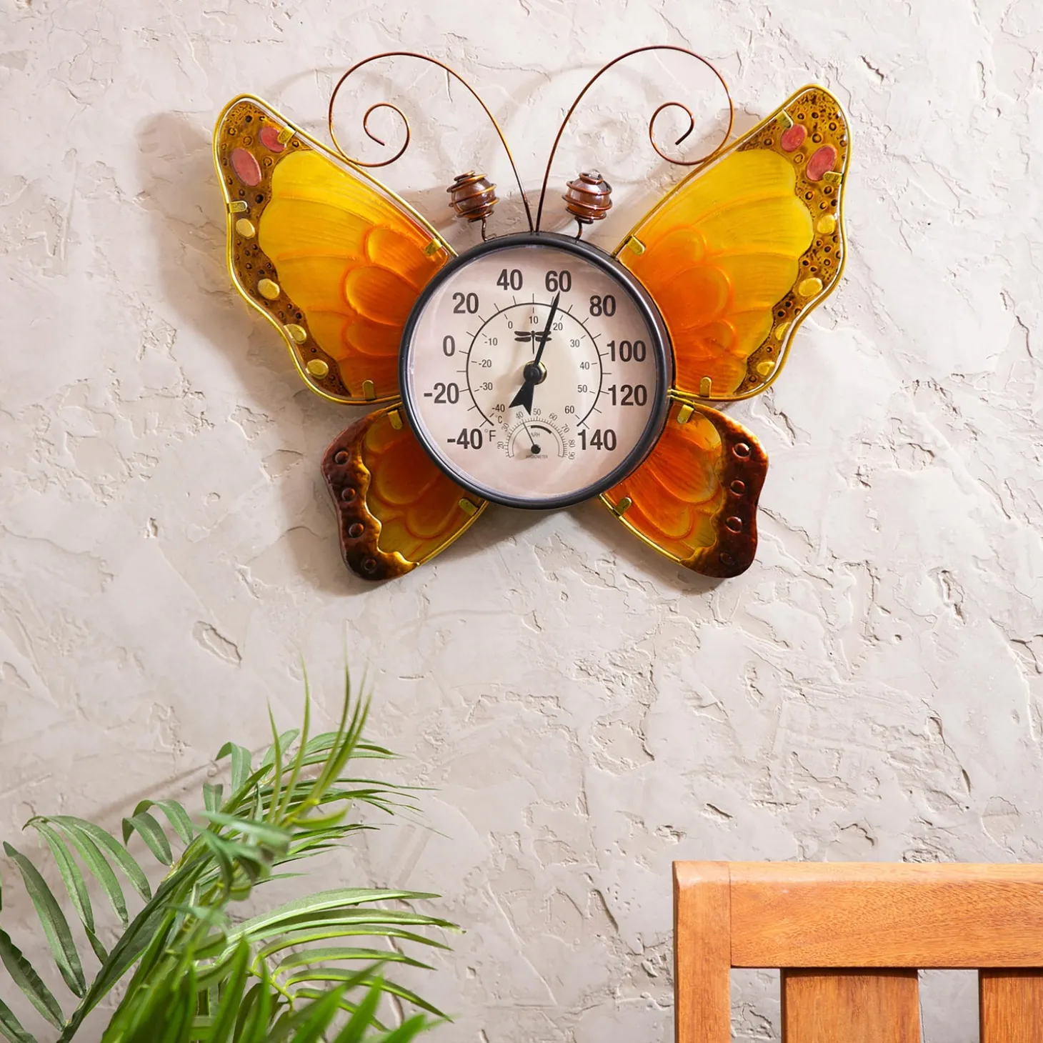 Outdoor Wall Art>Plow & Hearth Butterfly Outdoor Wall Thermometer, Yellow