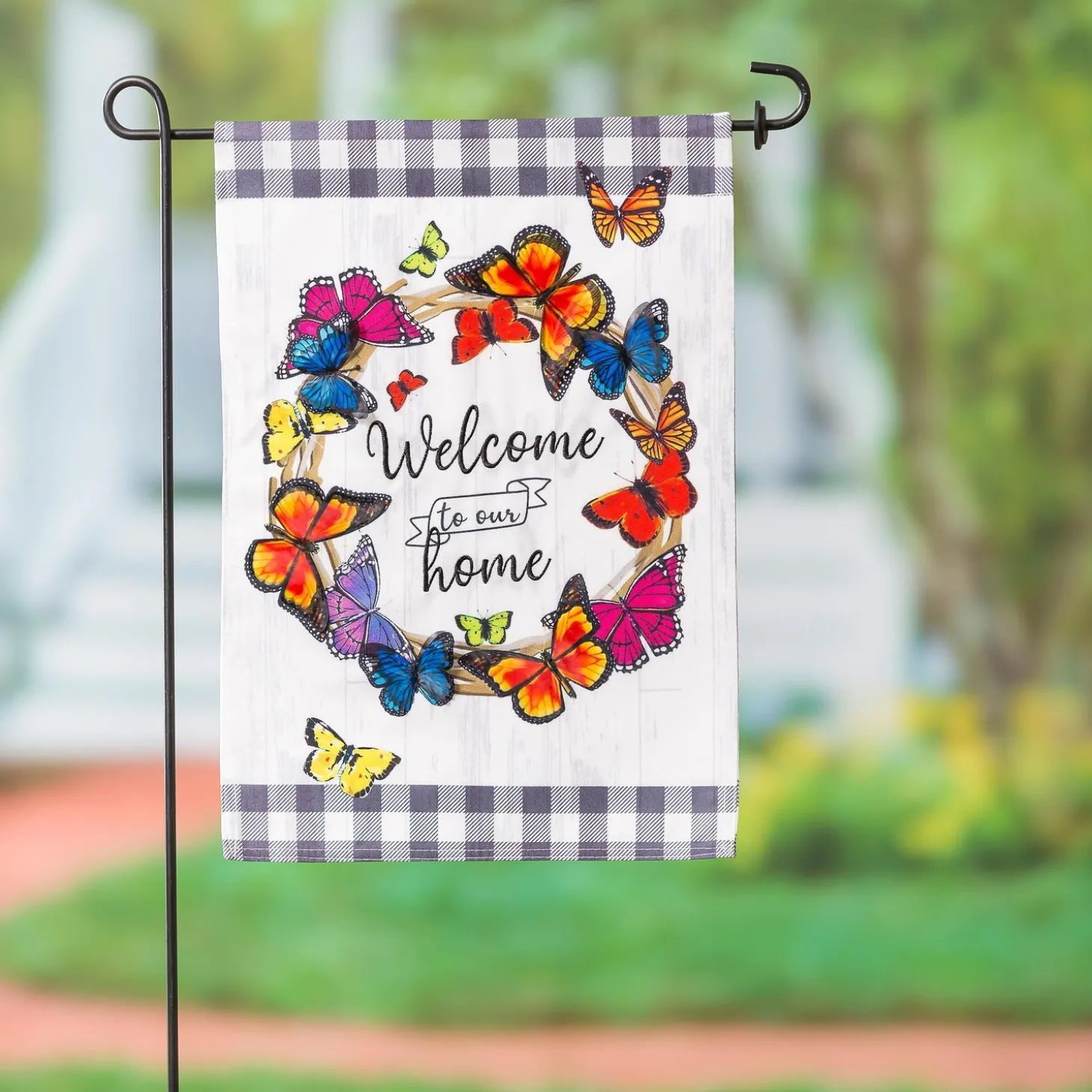 Garden Flags>Plow & Hearth Butterfly Welcome Wreath Linen Garden Flag