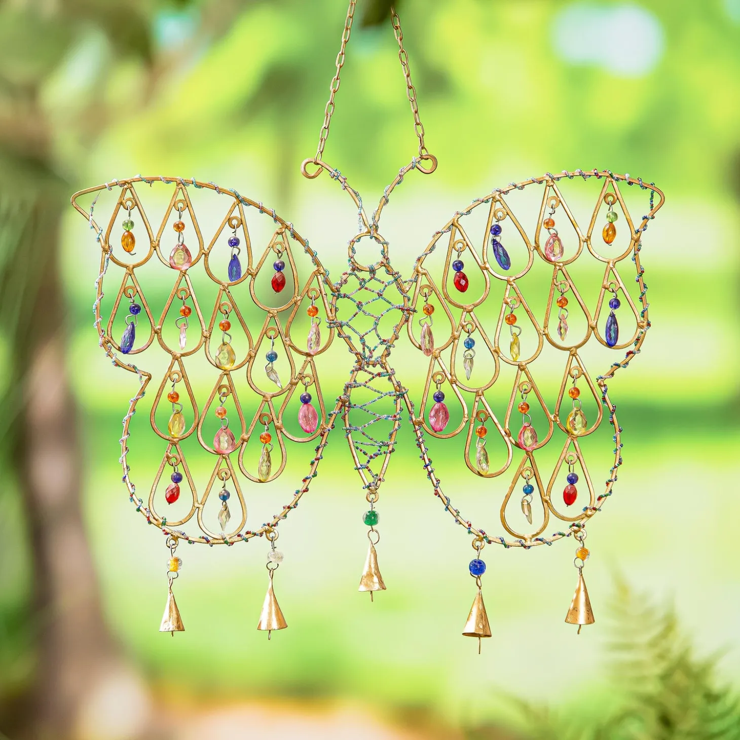 Wind Chimes & Mobiles>Plow & Hearth Butterfly Wind Chime with Glass Beads