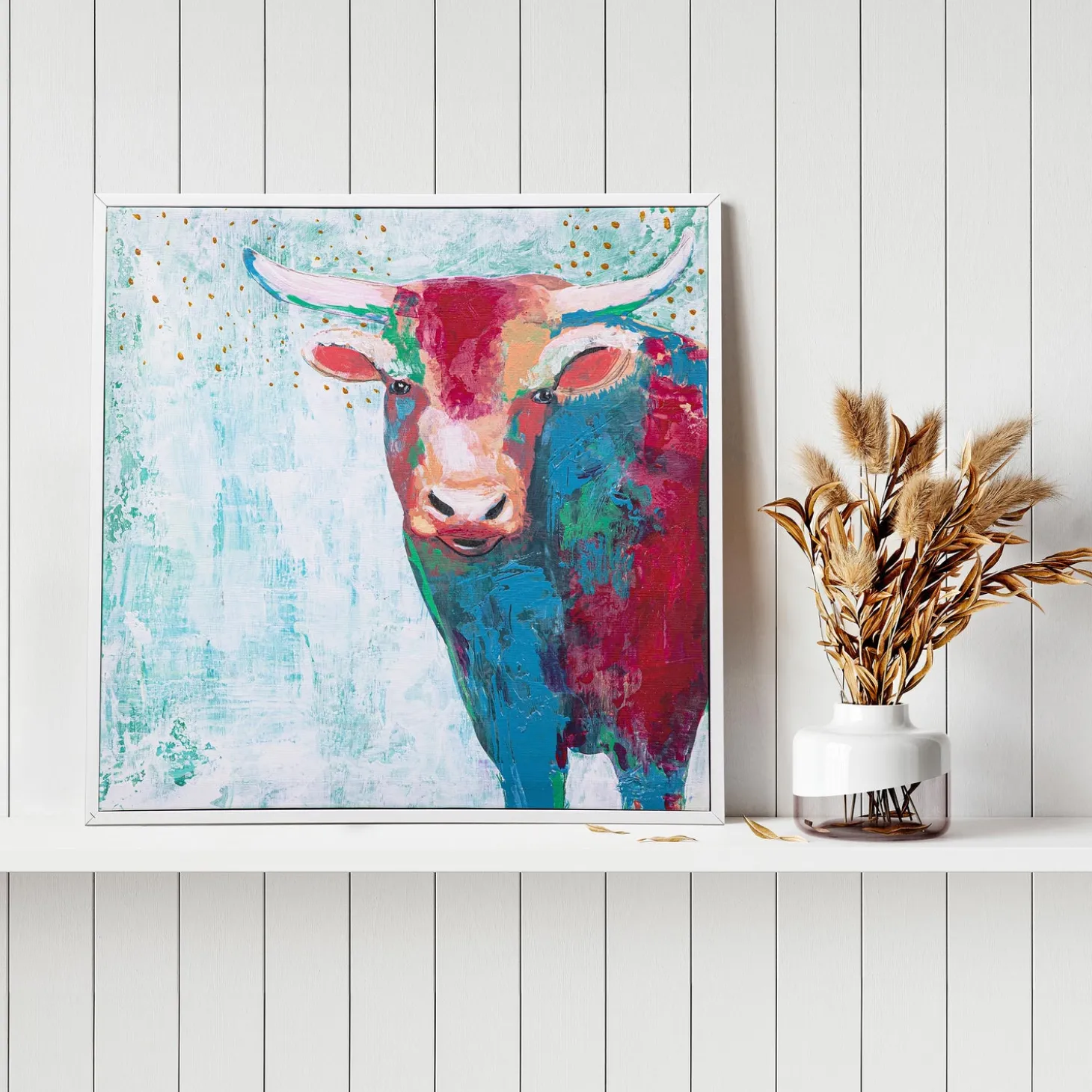 Wall Art>Plow & Hearth Canvas Wall Art with Wooden Frame, Cow, 24" L x 24" H