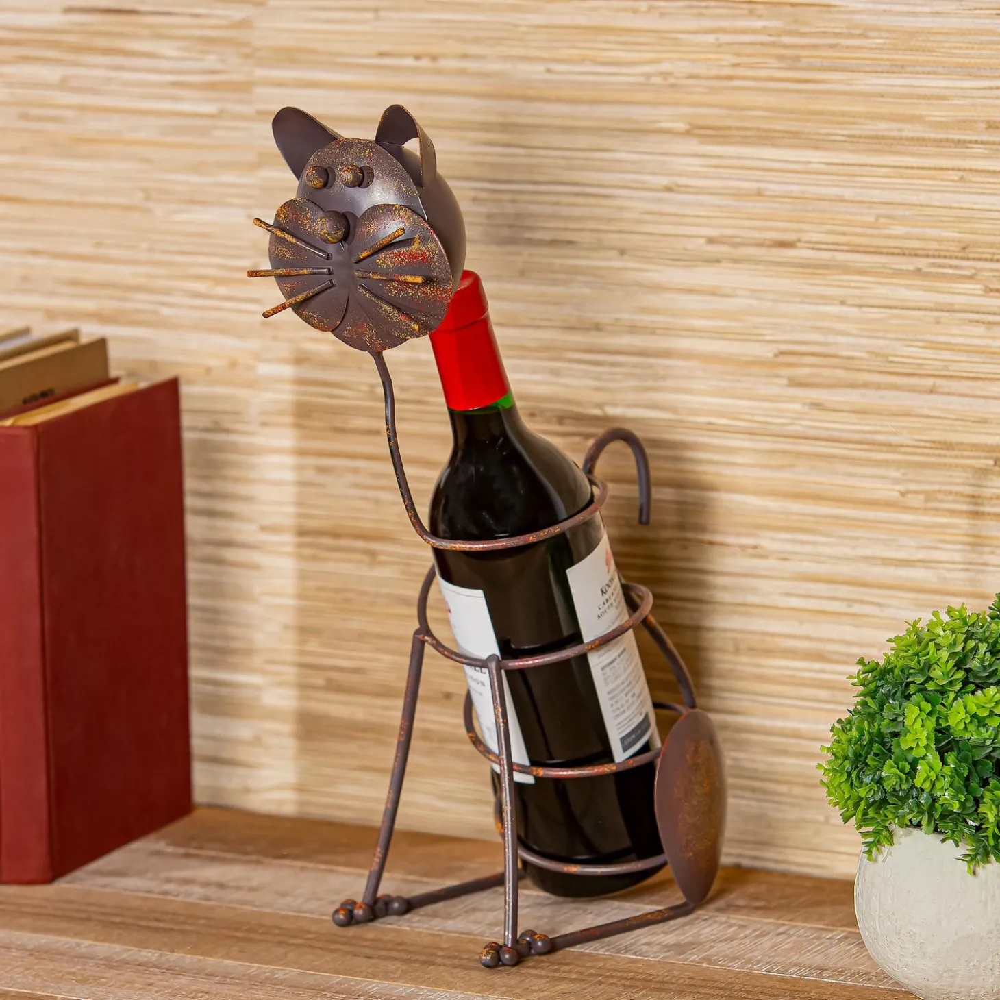 Wine Racks>Plow & Hearth Cat Metal Wine Bottle Holder, 14" H