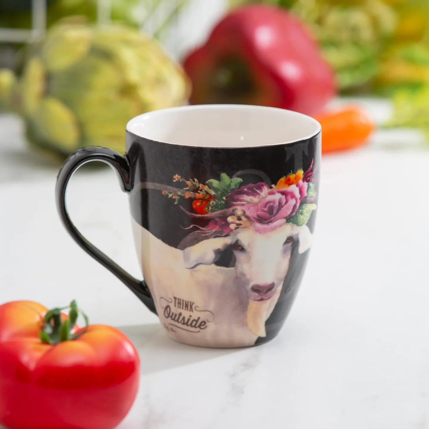 Coffee & Tea Cups>Plow & Hearth Ceramic Cup O' Java, 17 OZ, Floral Goat