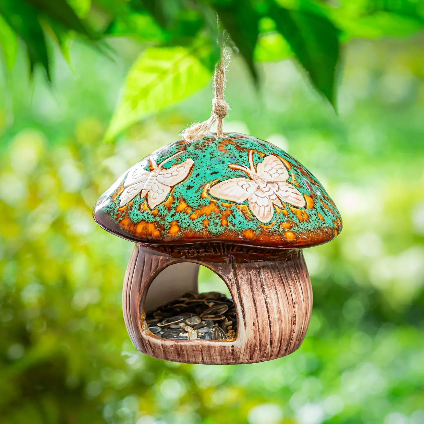 Bird Feeders>Plow & Hearth Ceramic Fantasy Green Mushroom Bird Feeder