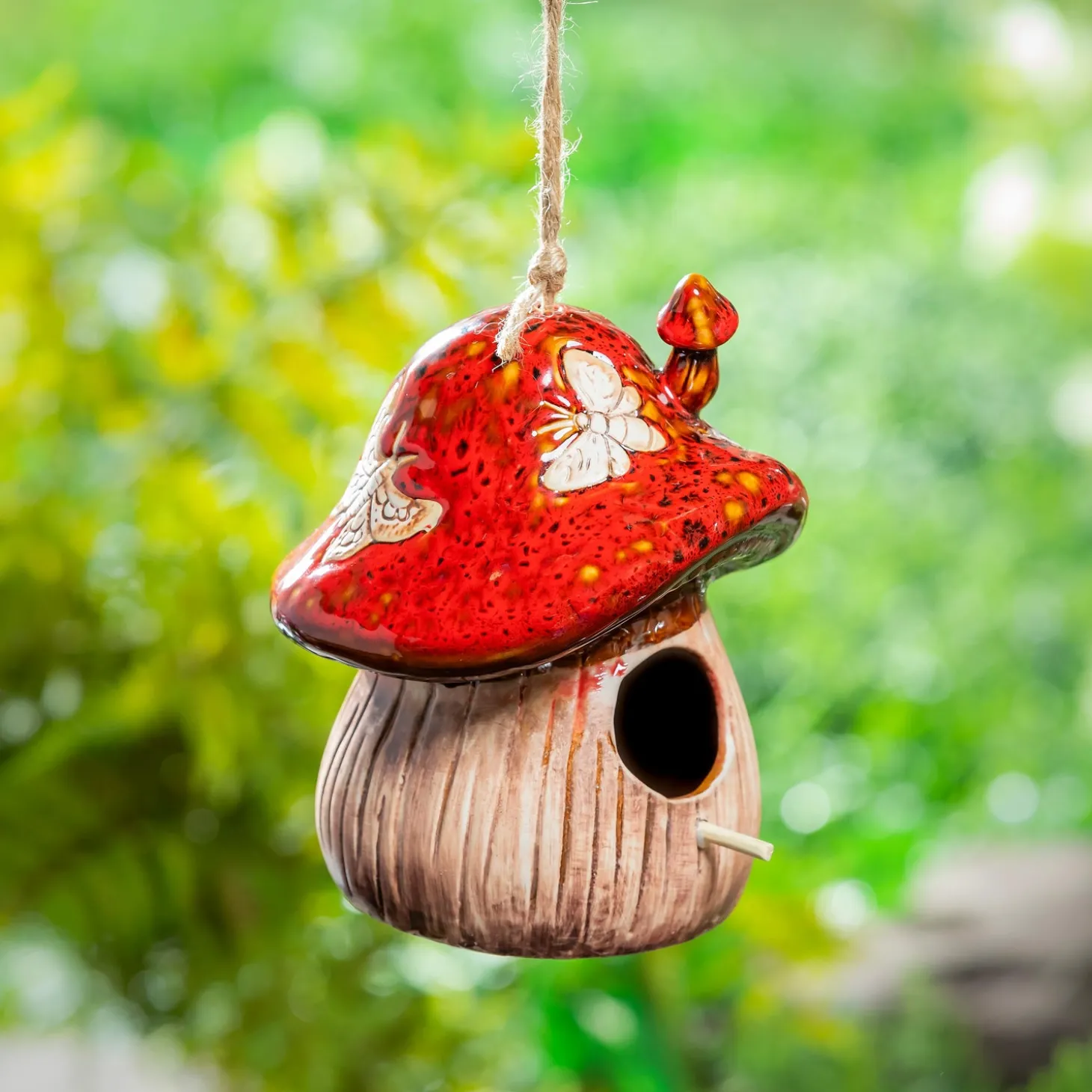 Birdhouses>Plow & Hearth Ceramic Fantasy Mushroom Hanging Bird House