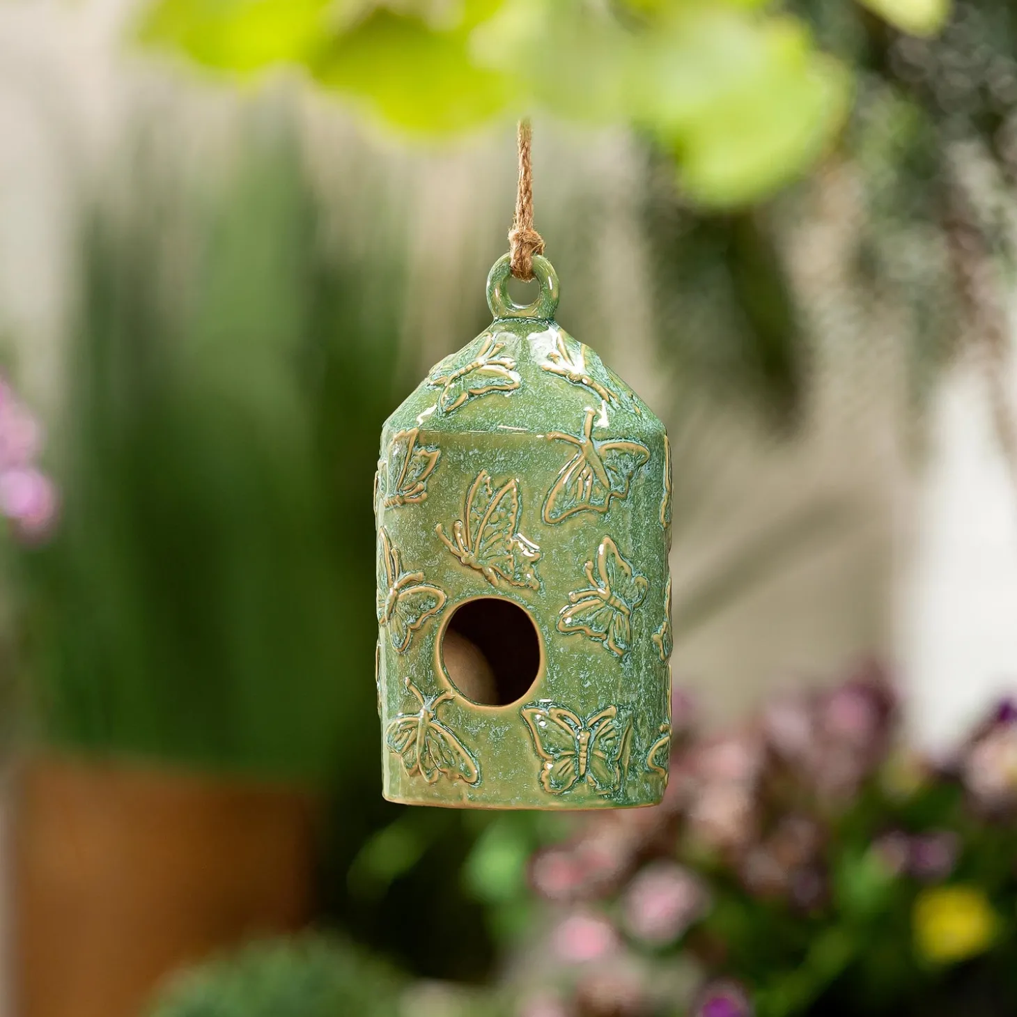 Birdhouses>Plow & Hearth Ceramic Floral Butterfly Bird House