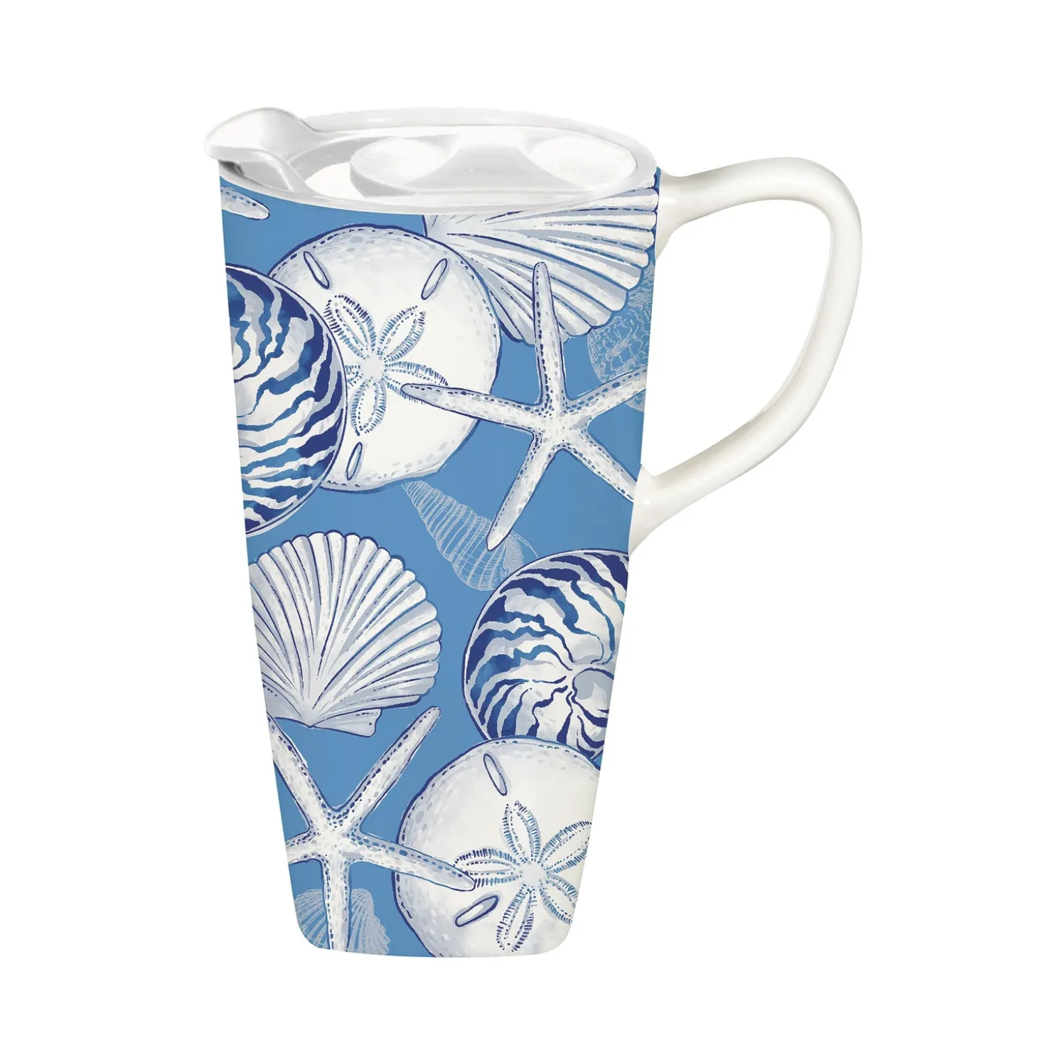 Travel Cups>Plow & Hearth Ceramic On the Go Travel Cup, 17 oz., w/ white lid & box, Shells