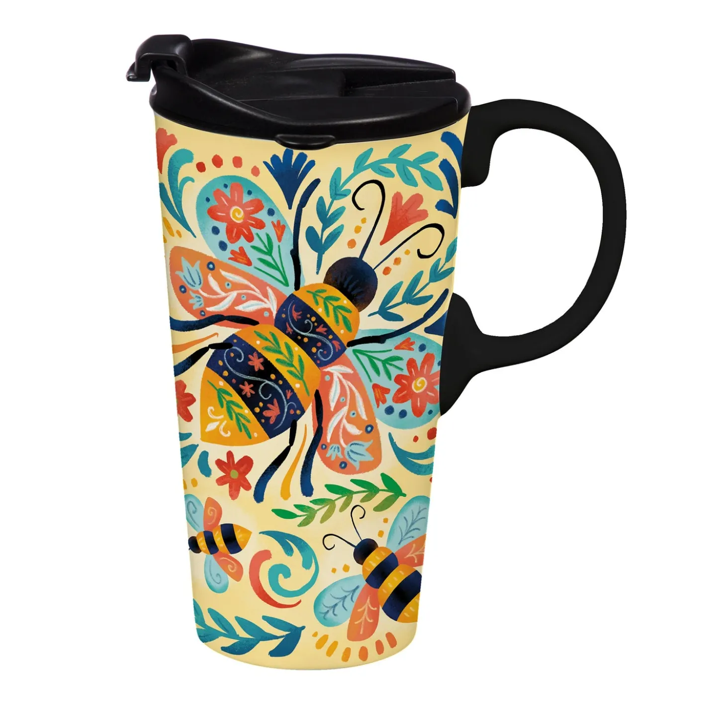 Travel Cups>Plow & Hearth Ceramic Perfect Travel Cup, 17 oz., w/ box, Floral Bee