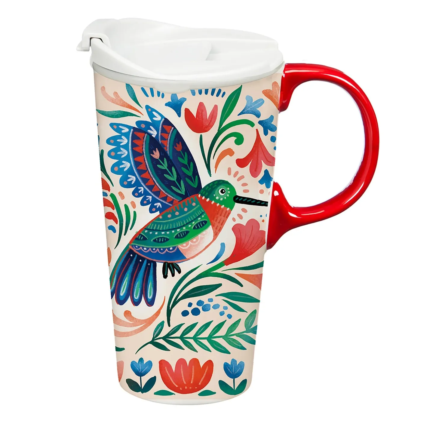Travel Cups>Plow & Hearth Ceramic Perfect Travel Cup, 17 oz., w/ box, Floral Hummingbird