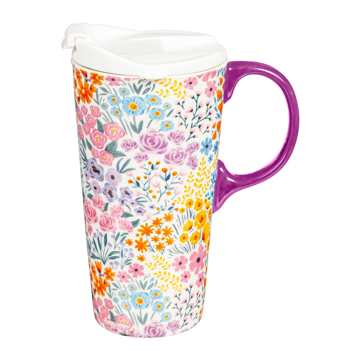 Travel Cups>Plow & Hearth Ceramic Perfect Travel Cup, 17 oz., w/ box, Multicolor Wildflowers