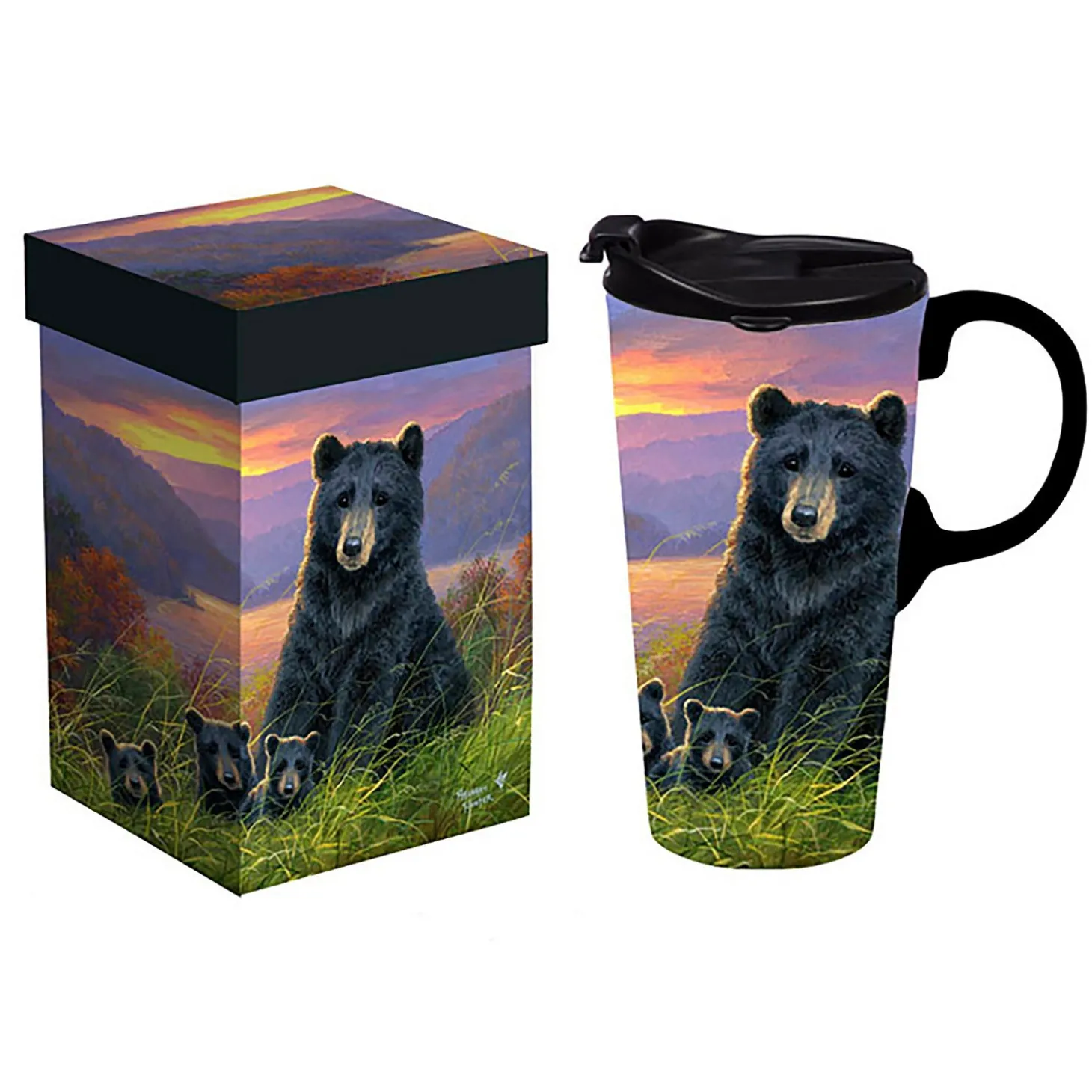 Travel Cups>Plow & Hearth Ceramic Perfect Travel Cup, 17oz, w/ Gift Box, Bear Family
