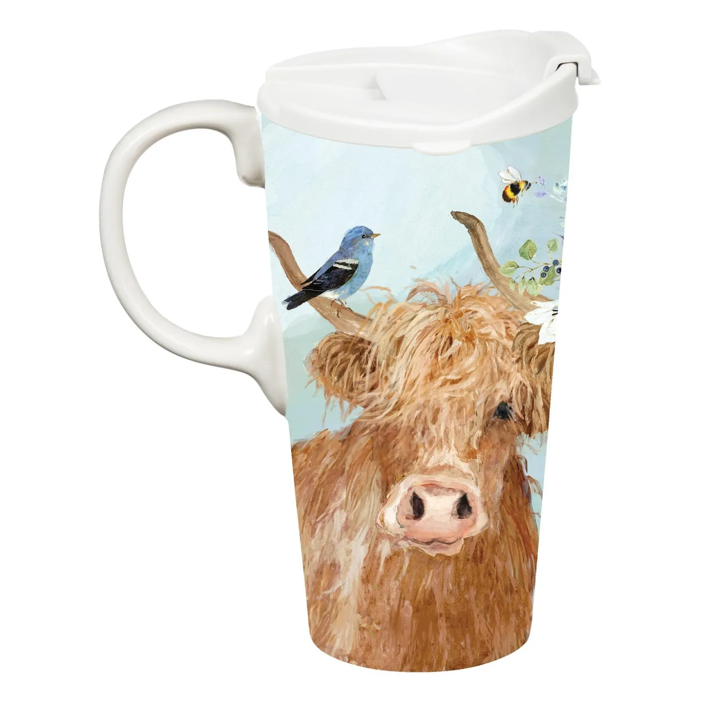 Travel Cups>Plow & Hearth Ceramic Perfect Travel Cup, 17oz., w/ Gift Box, Brown Cows