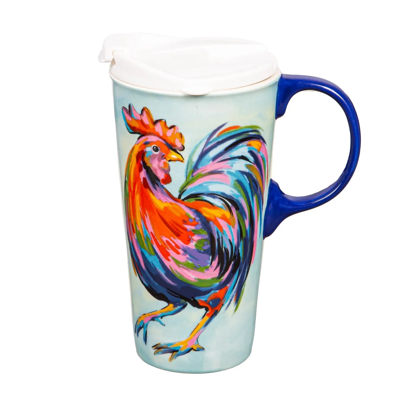 Travel Cups>Plow & Hearth Ceramic Perfect Travel Cup, 17oz., w/ Gift Box, Colorful Rooster
