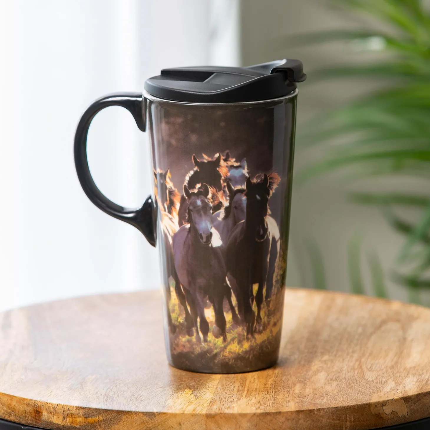 Travel Cups>Plow & Hearth Ceramic Perfect Travel Cup, 17oz, w/ Gift Box, Running Horses