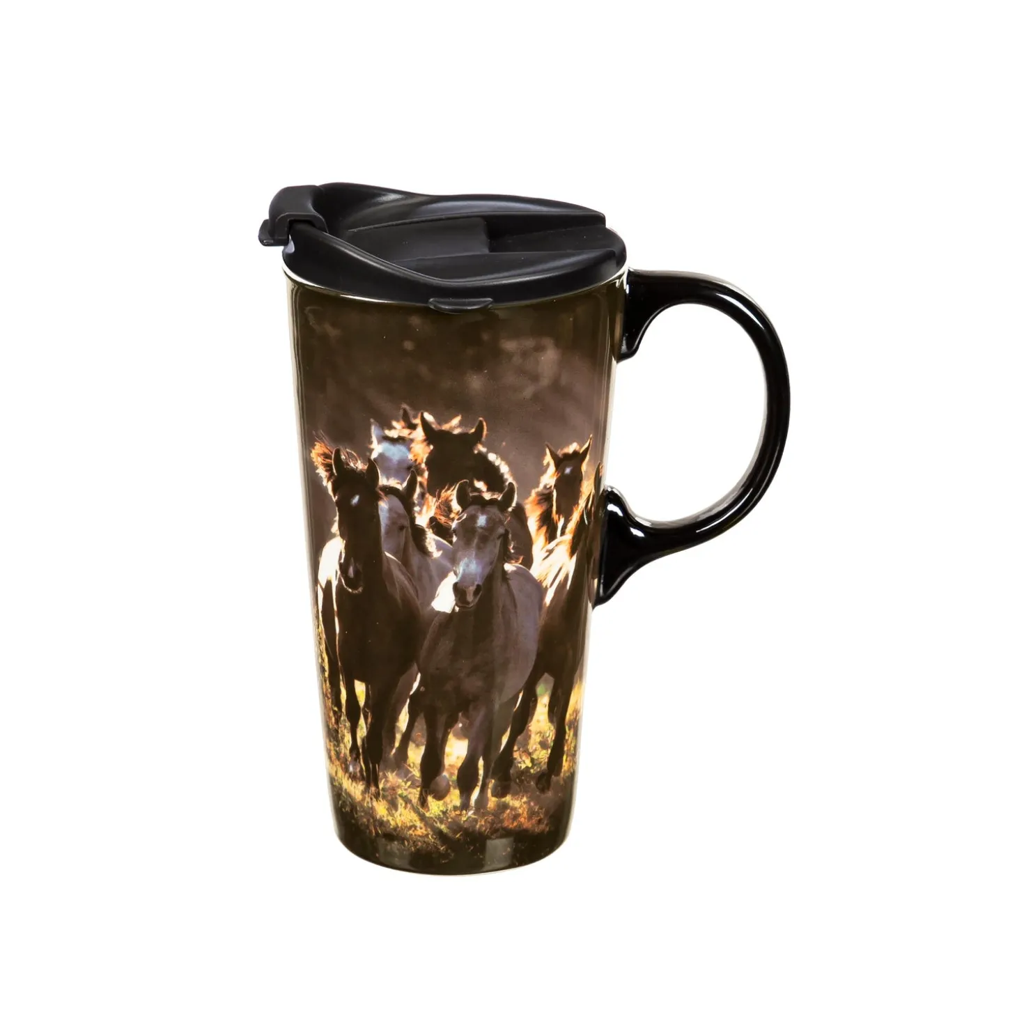 Travel Cups>Plow & Hearth Ceramic Perfect Travel Cup, 17oz, w/ Gift Box, Running Horses