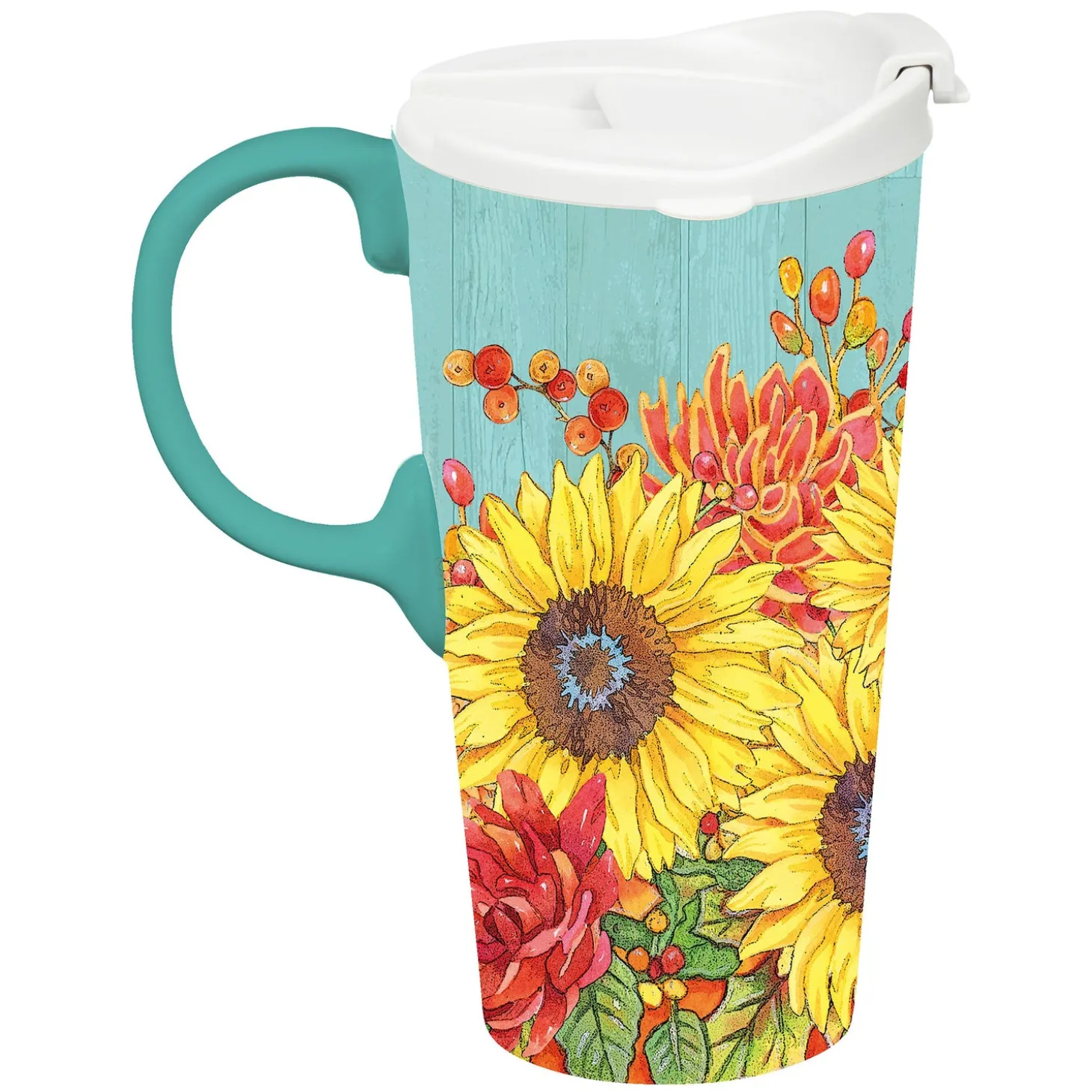 Travel Cups>Plow & Hearth Ceramic Perfect Travel Cup, 17oz, w/ Gift Box, Sunflower Bouquets