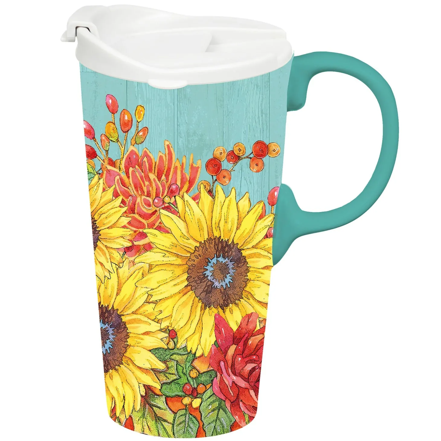 Travel Cups>Plow & Hearth Ceramic Perfect Travel Cup, 17oz, w/ Gift Box, Sunflower Bouquets